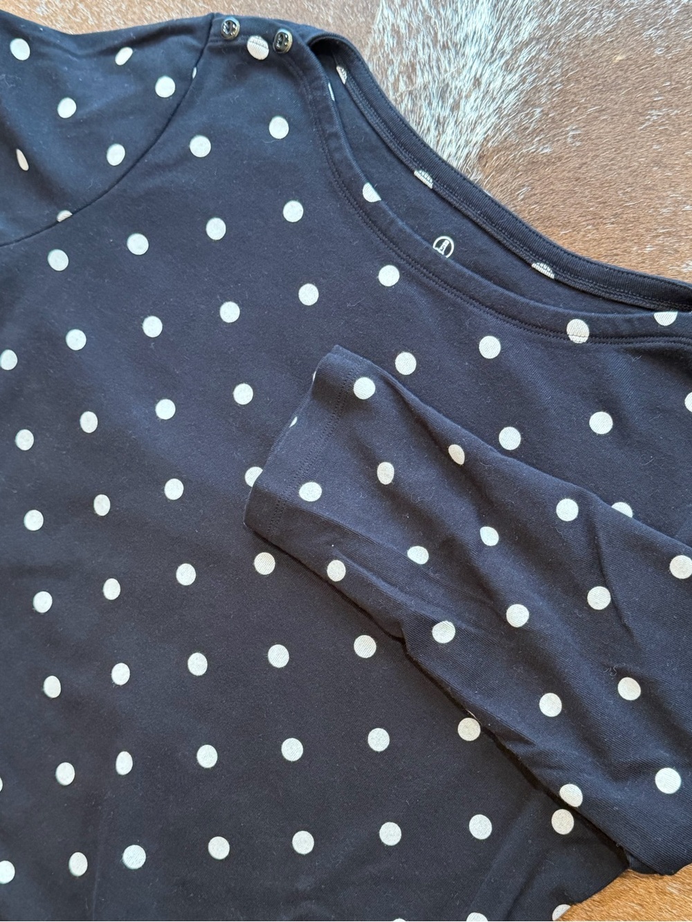 Lands’ End Polka Dot Boatneck Top Women’s Large Navy White Cotton